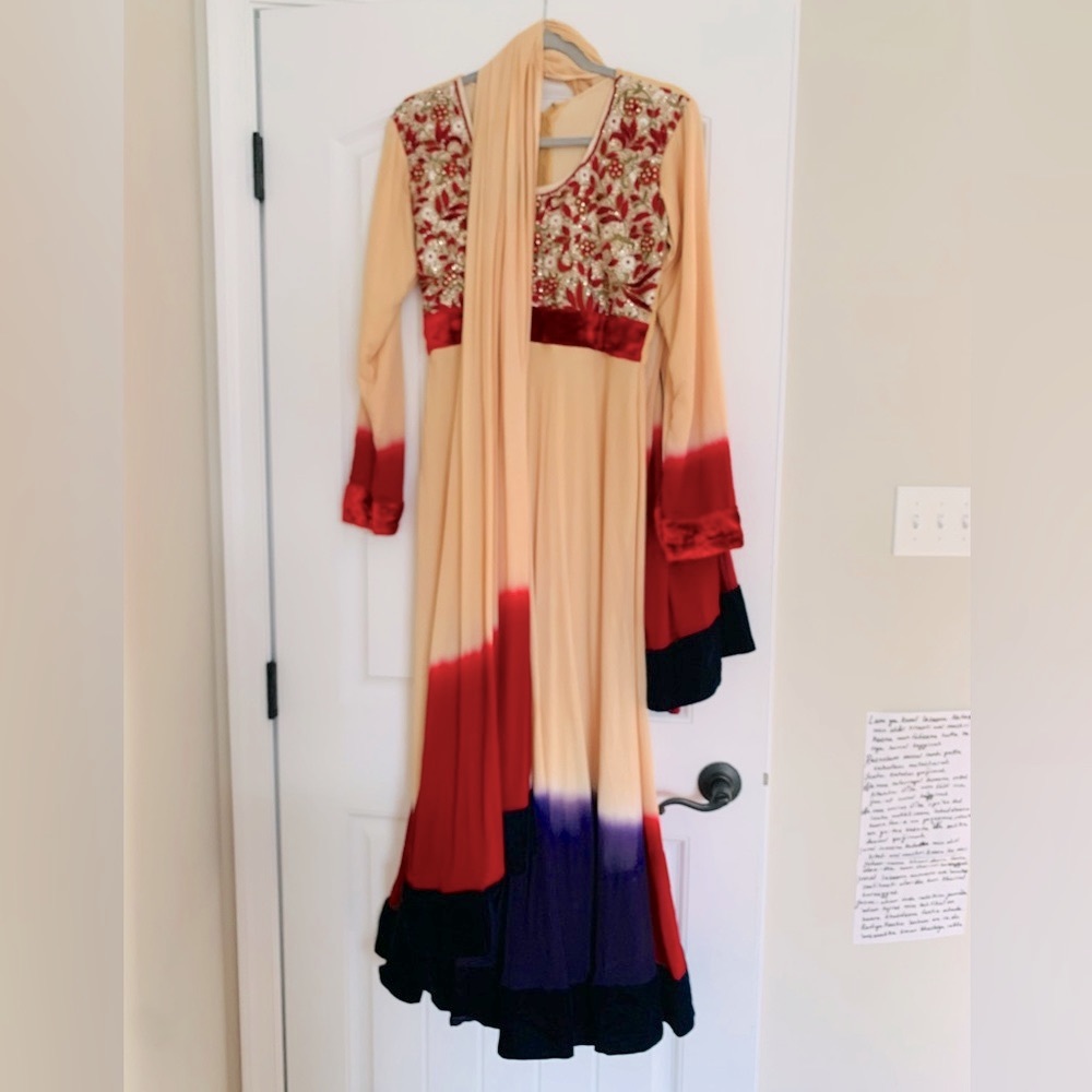 Vintage Indian Bollywood Velvet Trim Chiffon Anarkali Dress and Dupatta Set